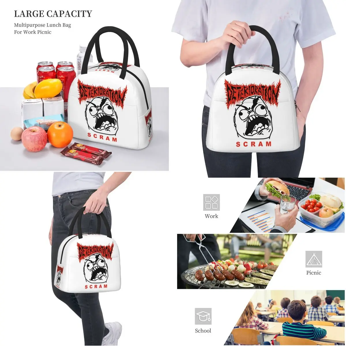 Deterioration Music Thermal Insulated Lunch Bag for School Portable Food Bag Container Men Women Thermal Cooler Lunch Boxes