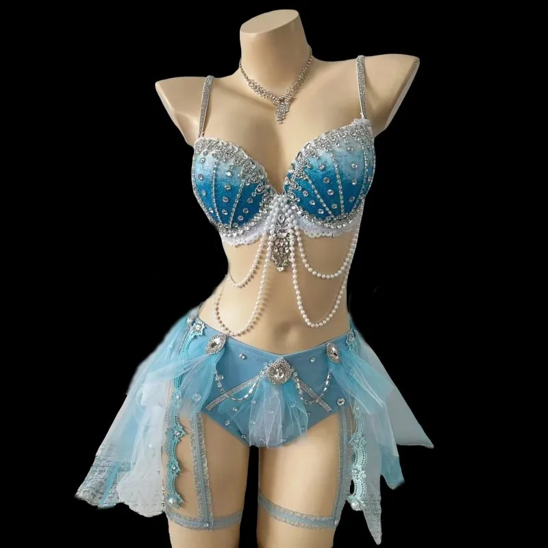

Sexy Blue Shiny Rhinestone Beading Bikini Outfit Nightclub Bar DJ Stage Wear Dancer Singer Carnival Party Music Festival Costume