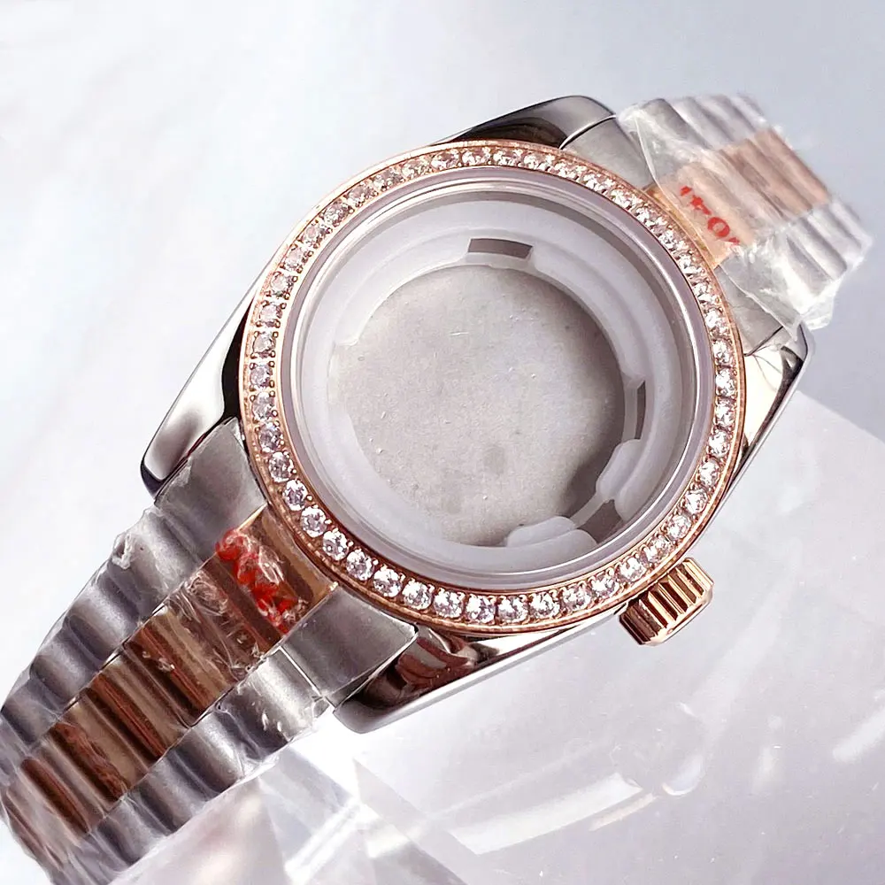 31mm Sapphire Glass NH05 Watch Case Gold/Rose Gold two Tone Stainless Steel President Strap Diamond Diver Watch Case