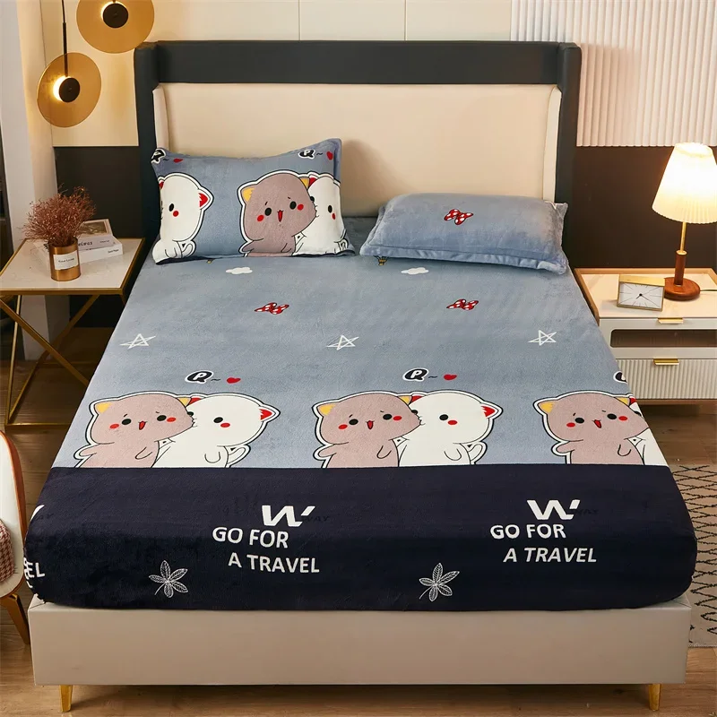 Cute Cats Fitted Sheet Queen Deep Pocket Bottom Sheets King Ultra Soft Fully Elasticized Mattress Cover Milk Velvet Bedding Set