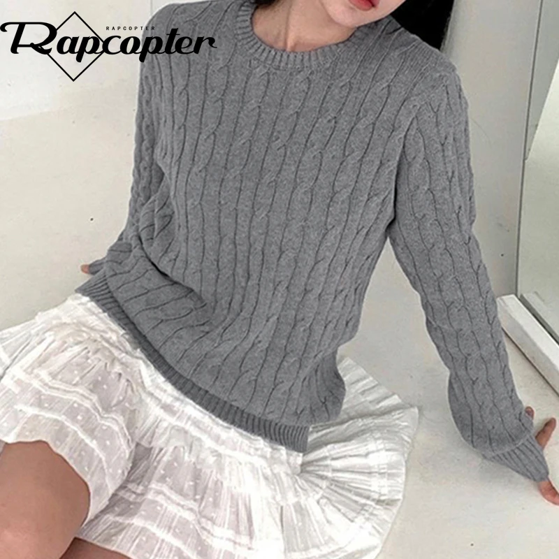 Rapcopter Y2K Grey Knitted Jumpers O Neck Full Sleeve Prepply Harajuku Sweaters Women Korean Cute Grey Knitwear Vintage Cute 90s