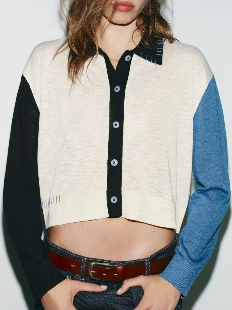 

Европейский и американский стиль, осень 2021, новинка, женская одежда, контрастный цвет, вязаная куртка с длинными рукавами и лацканами