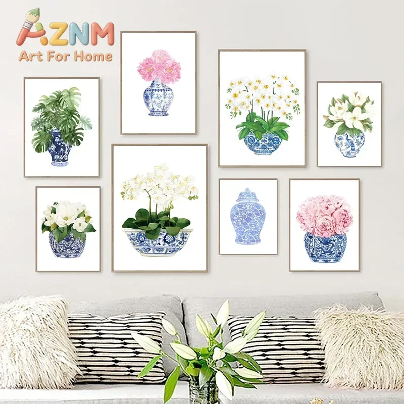 Blue and White China Magnolia Hydrangea Prints Chinoiserie Art Canvas Painting Gallery Wall Art Picture Poster Trendy Wall Decor