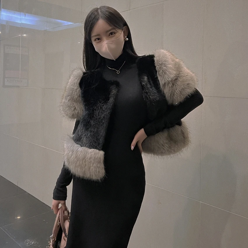 South korea Dongdaemun Autumn and Winter New Retro Sweet Fur Fur Vest Patchwork Heavy Industry Imitation Fox Fur Outerwear Women