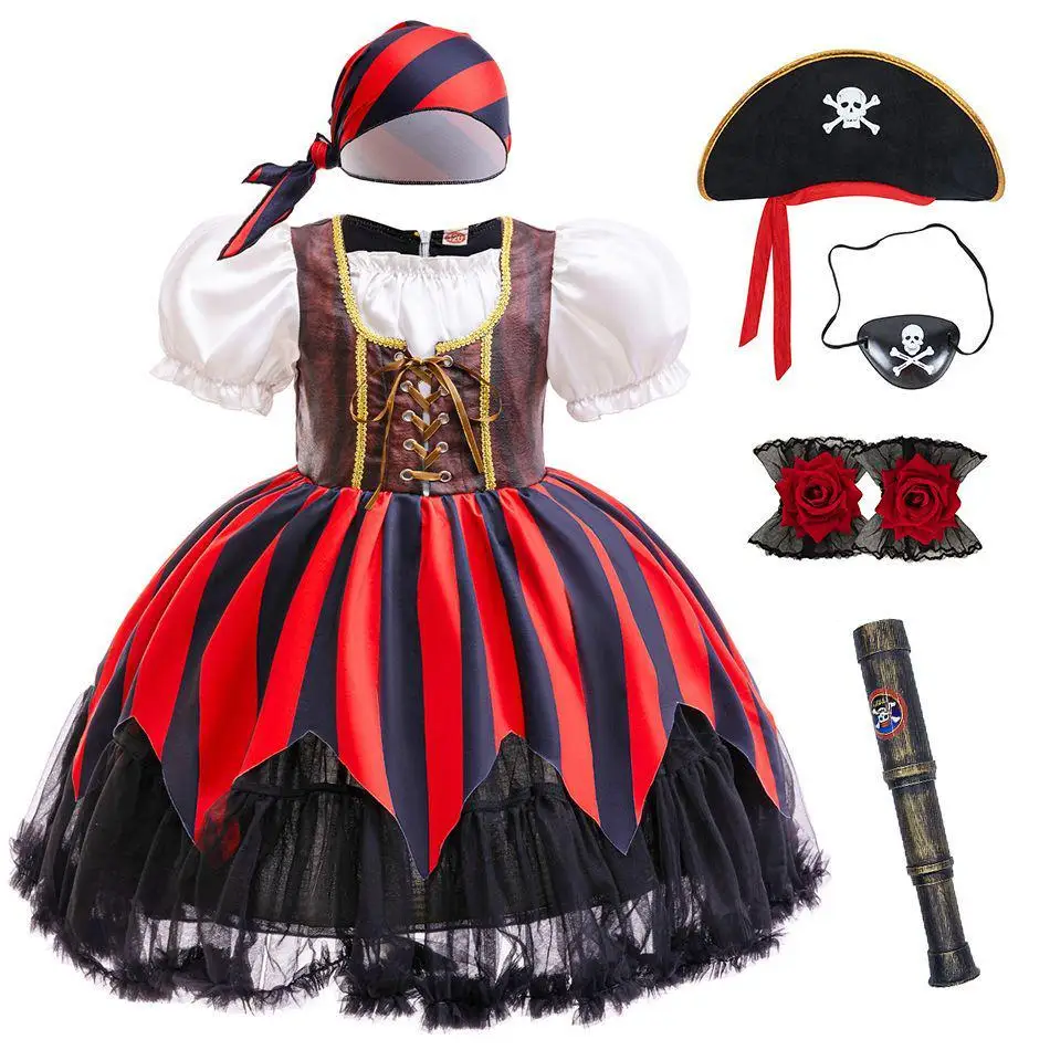 

Kids Pirate Princess Costume Girls Red Black Striped Tutu Dress Hat Eye Patch Telescope Halloween Carnival Party Fancy Dress