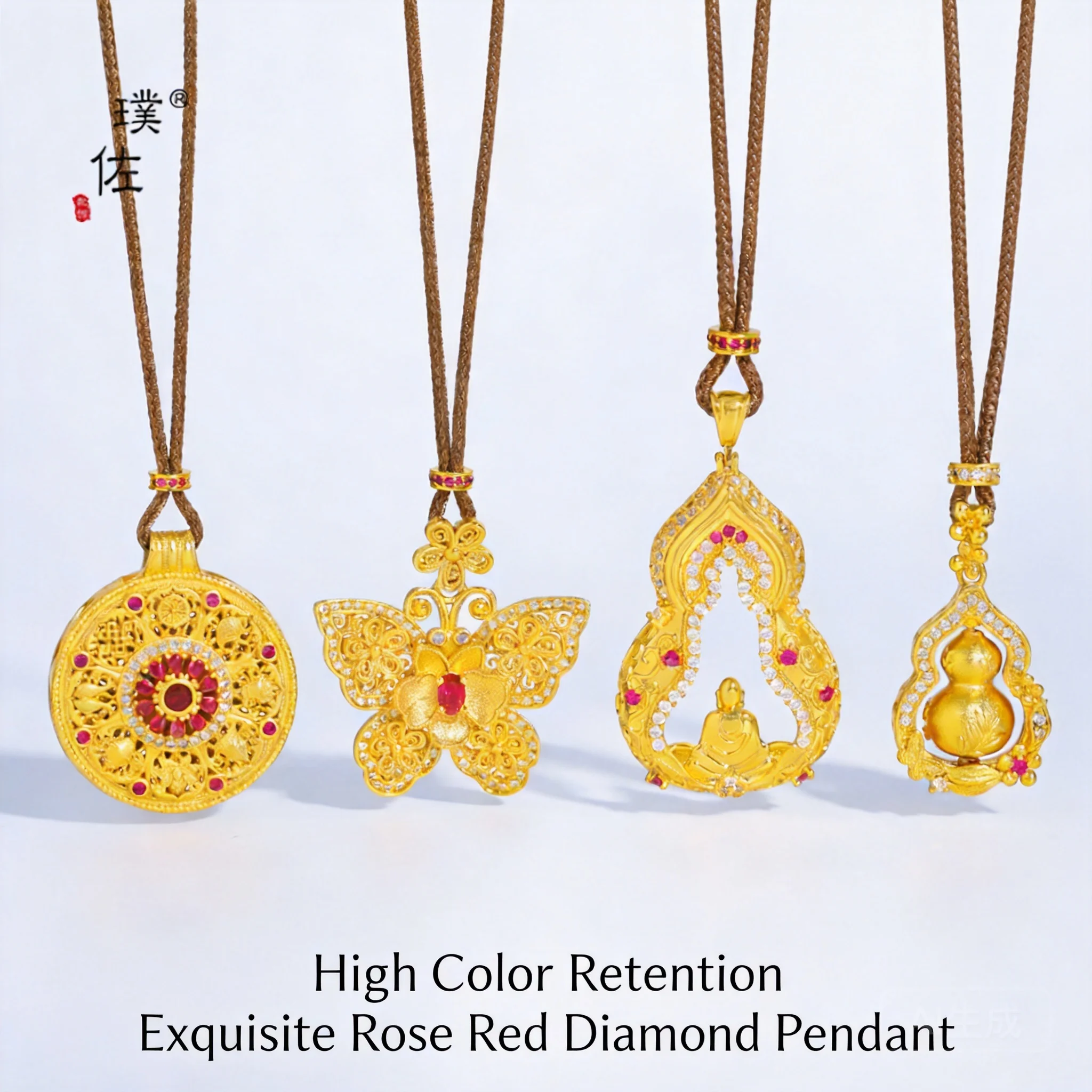 Chinese Style Good Luck Blessing Gold Plated Inlaid Pink Rhinestone Butterfly Gourd Faceless Buddha Compass Pendant Adjustable