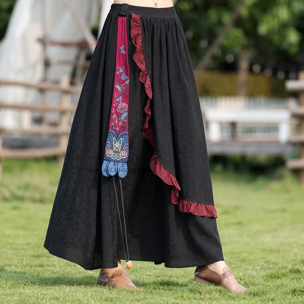 2025 traditional chinese vintage skirt national flower embroidery skirt elegant folk dance suit oriental ethnic a-line skirt