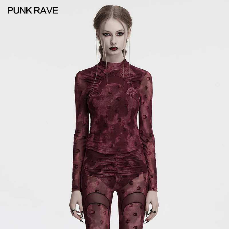 

PUNK RAVE Women's Crescent Hollowed Printed Mesh T-shirt Stand Up Collar Sexy Perspective Personality Female Tops Two Colors