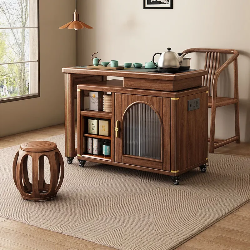 

Black walnut solid wood rotating tea table balcony household mobile water coffee table