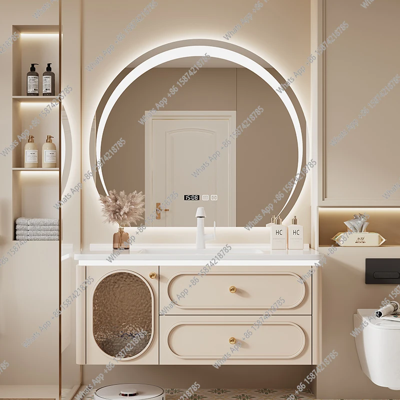 

French bathroom cabinet, smart mirror cabinet, combined bathroom, ceramic integrated washbasin cabinet, washbasin basin