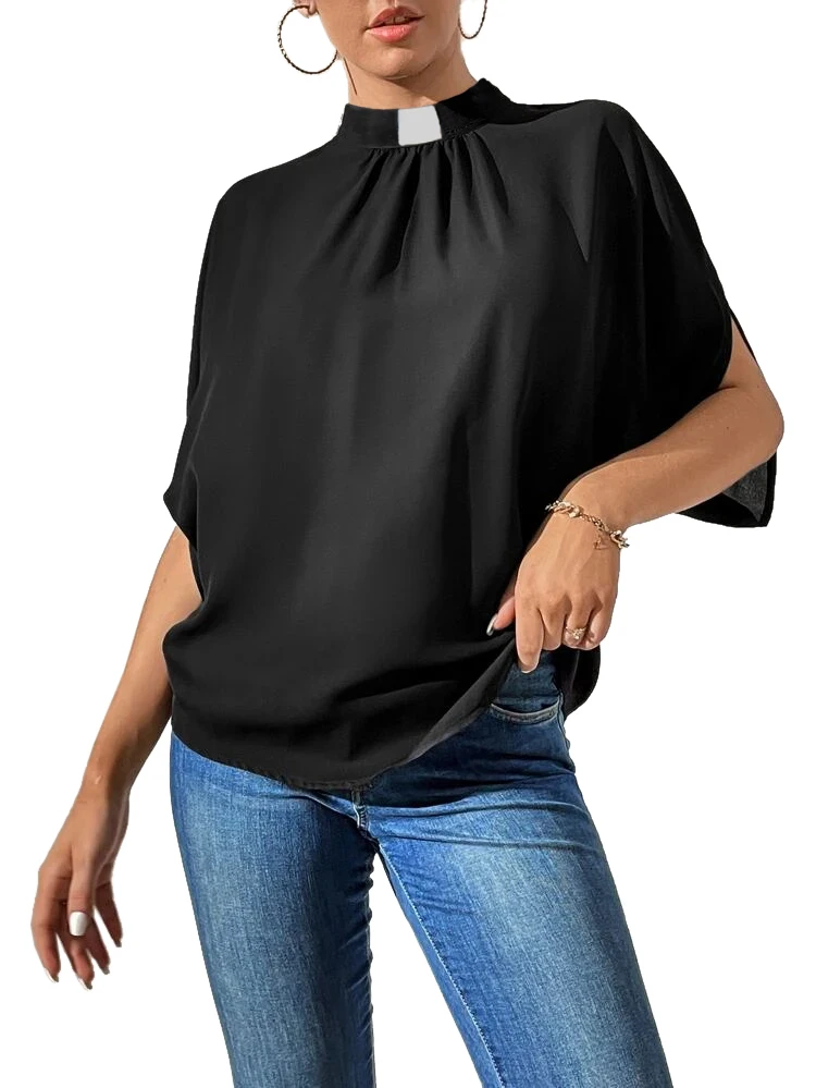 Women Black Clergy Shirt Tab Collar Batwing Sleeve Blouse Church Tops