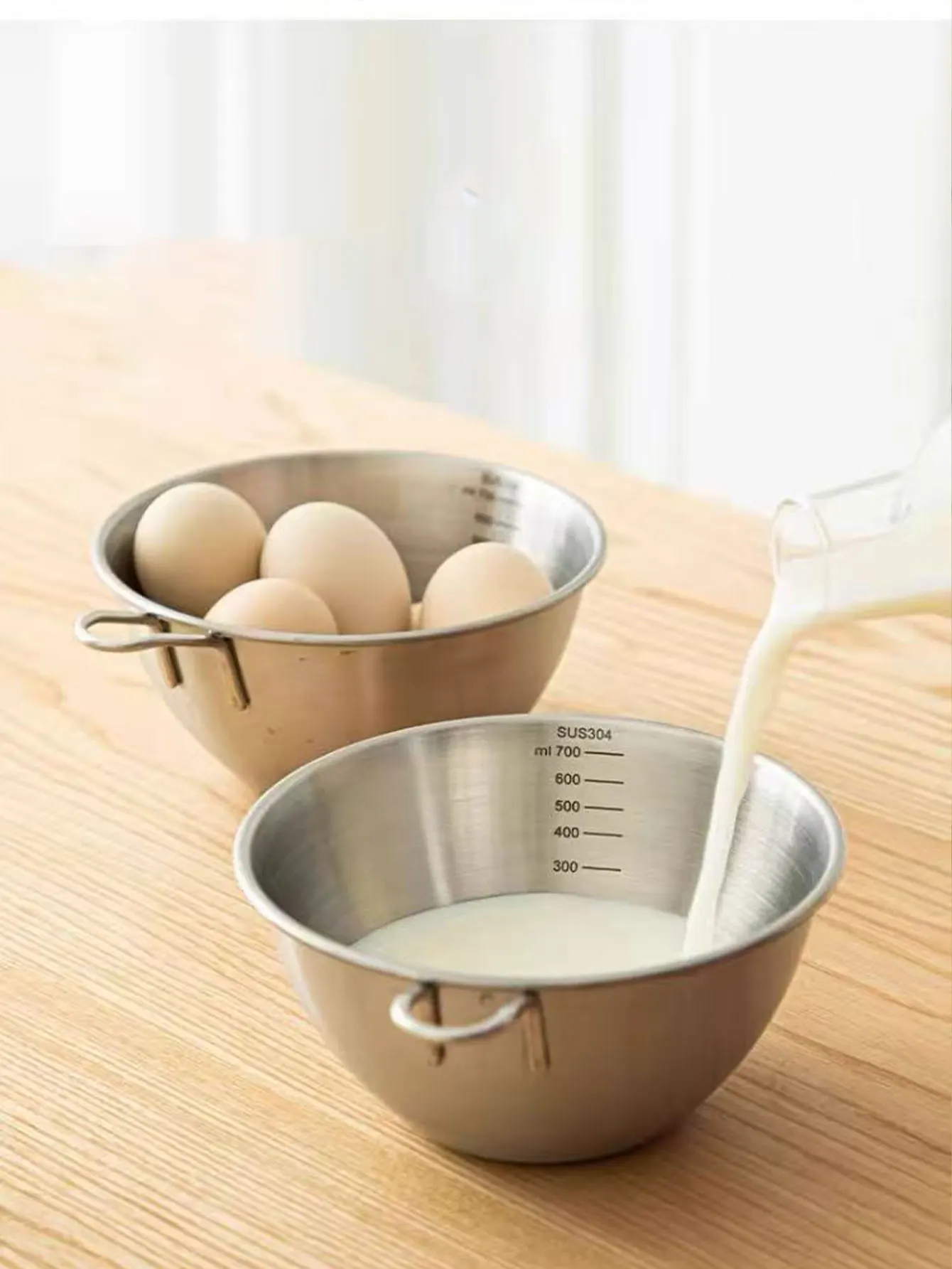 304 Thickened Stainless Steel Draining Basket Set with Scale, Mixing Bowl with Handle, Baking and Cooking Bowl, Small Rice Washing Basin, Strainer Basket Set, 2 Pieces