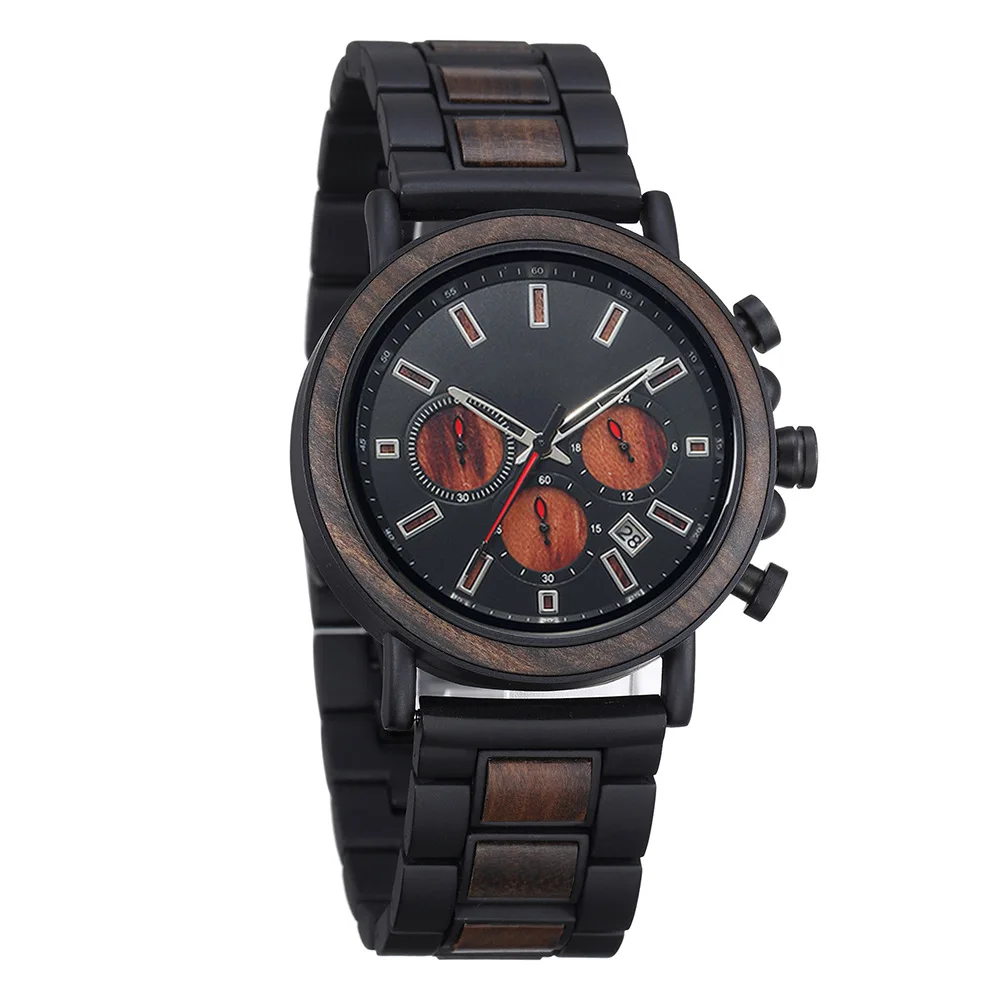 Steel Wood Blend Multi Function Men Quartz Wristwatch Large Dial Waterproof Chronograph Date European Trend Male Wooden Watch