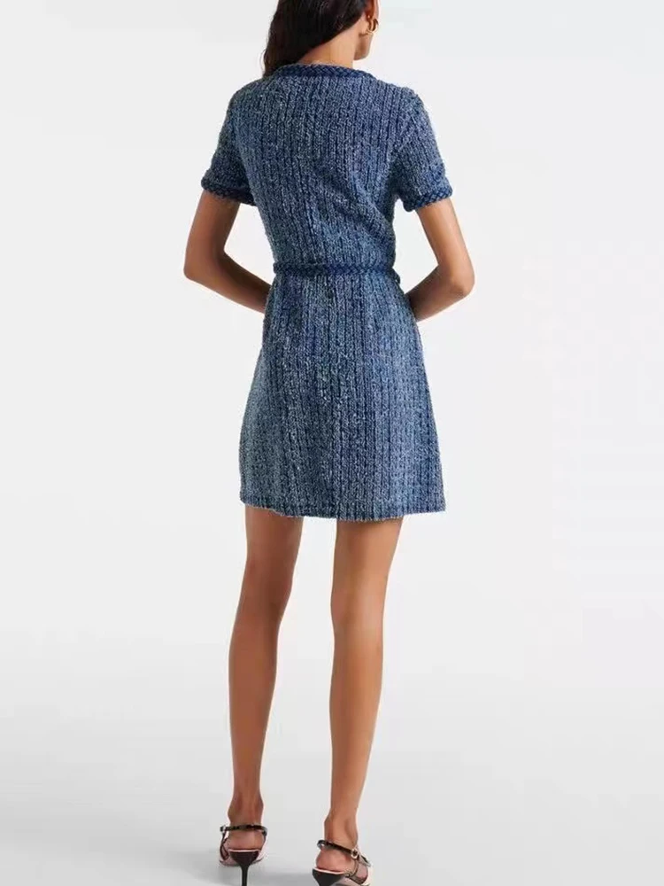 2024 Autumn New Fashion Twisted Weaving Tweed Mini Dress Women Elegant Square Collar Single Breasted Short Sleeve Robe with Belt