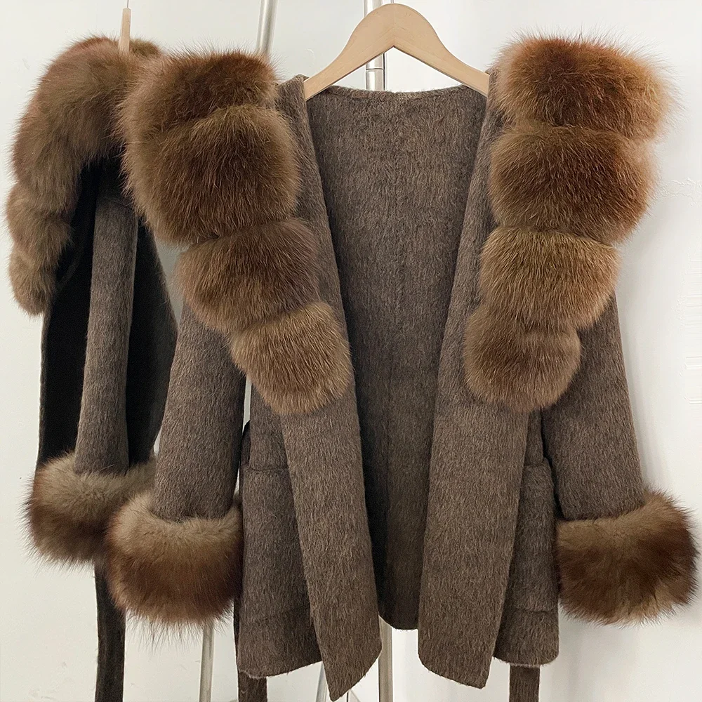 OFTBUY Neue Winterkleidung Damen Wollmantel mit Kapuze, Natürlicher Pelzkragen und -manschetten, Luxuriöser Gürtel, Echte Fuchspelz-Wolljacke für Frauen – Detail 11