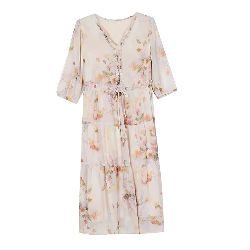 Vestido de seda com estampa floral feminino Midi, Vintage, Elegante, Chique, Feriado, Boho, Praia, Tarde, Casual, Verão, Novo, Luxo, 2022