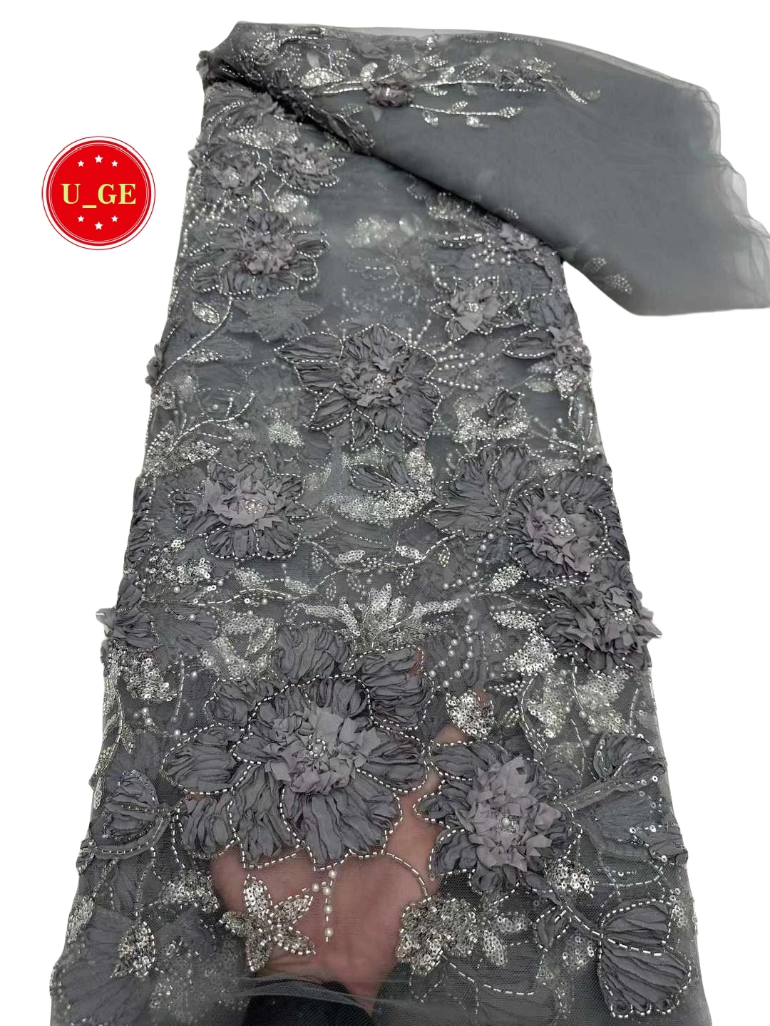 

2026 Популярная роскошная мягкая шифоновая кружевная ткань с подолом и сверкающими камнями — идеально подходит для свадебных платьев U_Ge9536