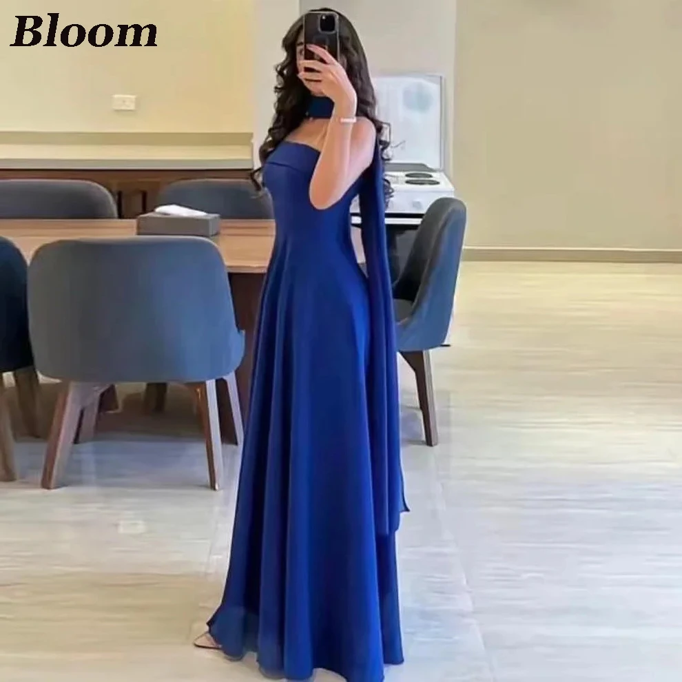 

Bloom Evening Dresses A line Blue Prom Dresses Strapless Custom Made Formal Wedding Party Gowns Prom Dress