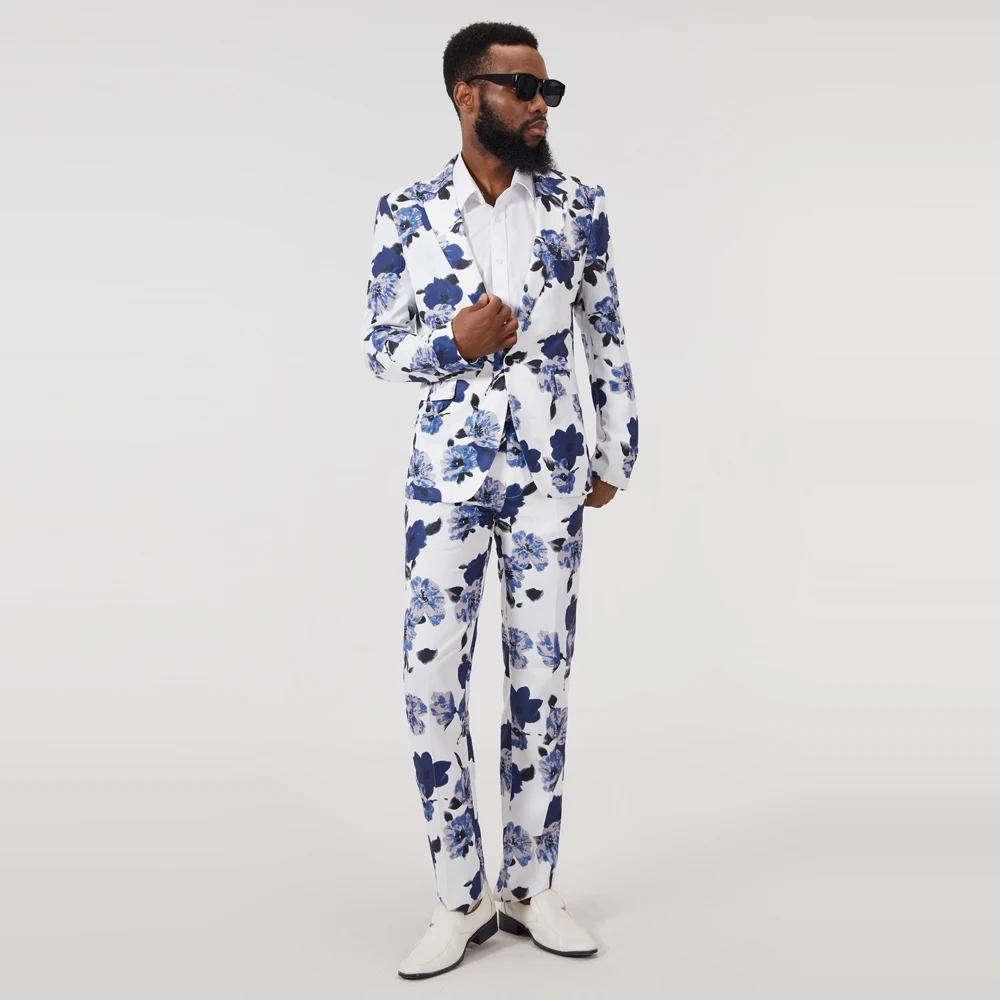 Mens New Fashion Slim Print Blue And White Suits Set 2PCS Suits (Coat+ Pants) Performance DJ Jacket Luxury Singer Star Coat