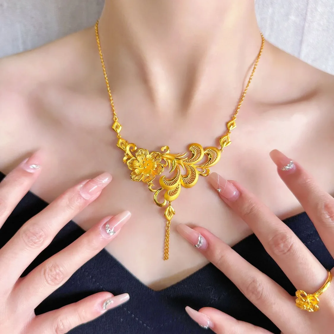 

Luxury 9999 24K real gold ancient method phoenix wealth flower necklace high-end new festive necklace