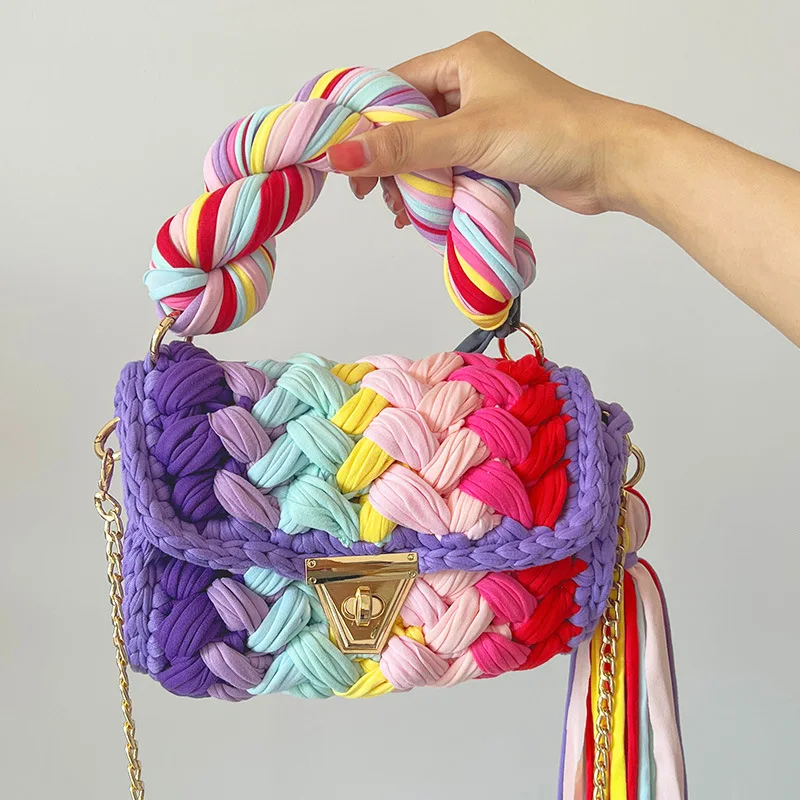 Fashion Colorful Crochet Women Handbags Tassel Thick Rope Woven Shoulder Crossbody Bags Knitted Small Flap Female Purses 2023