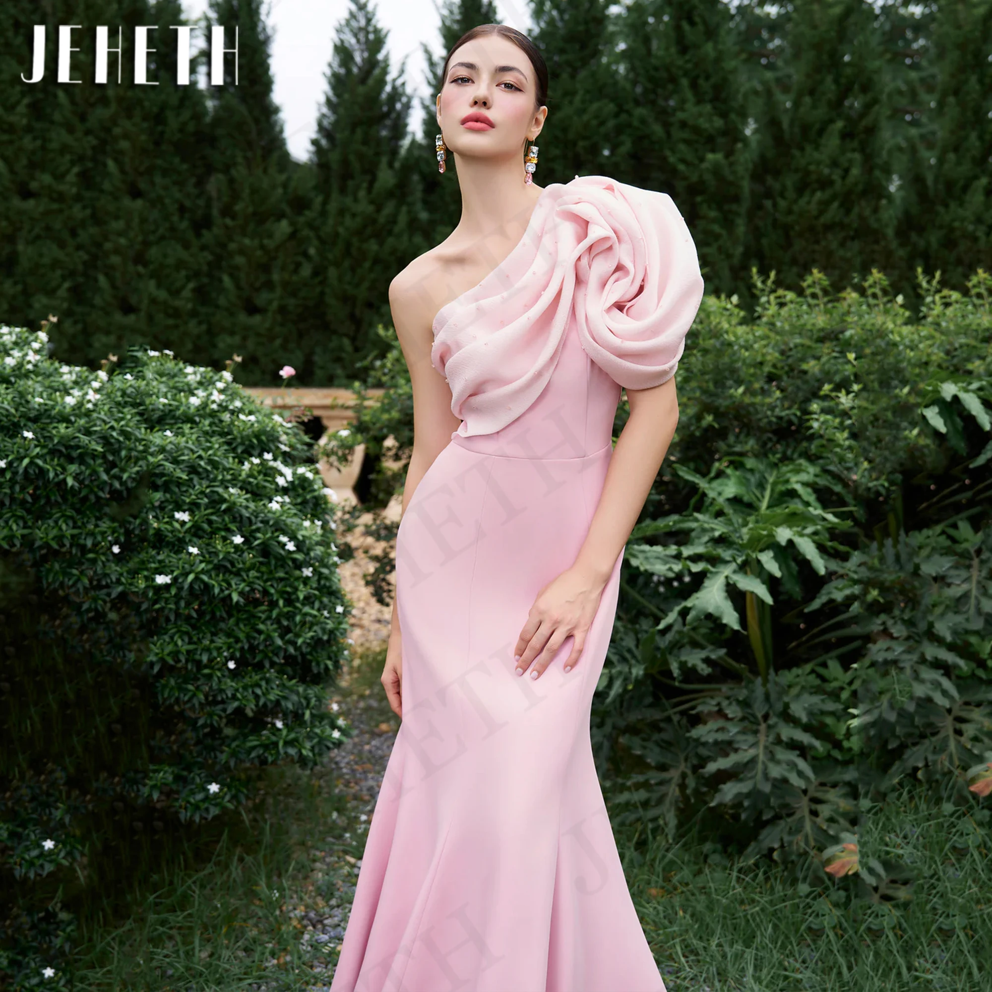 JEHETH Pink Graceful Mermaid Evening Dresses Woman Elegant One Shoulder Pleats Beading Wedding Party Dress Dubai فساتين سهرات