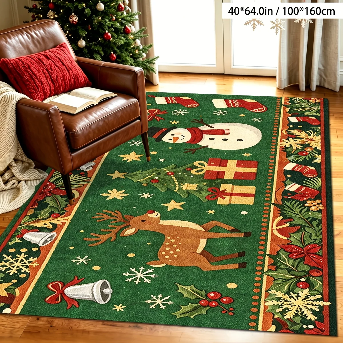 Christmas Reindeer Snowman Print Decor Rug, Holiday Floor Mat for Living Room, Bedroom, Entryway, Xmas Home Decor