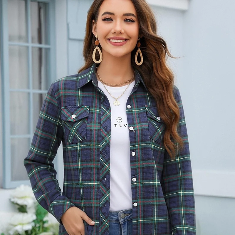 Women's Plaid Flannel Shirt Casual Long Sleeve Button Down Blouse Loose Fit Plaid Top For Spring Fall Daily Wear view 2