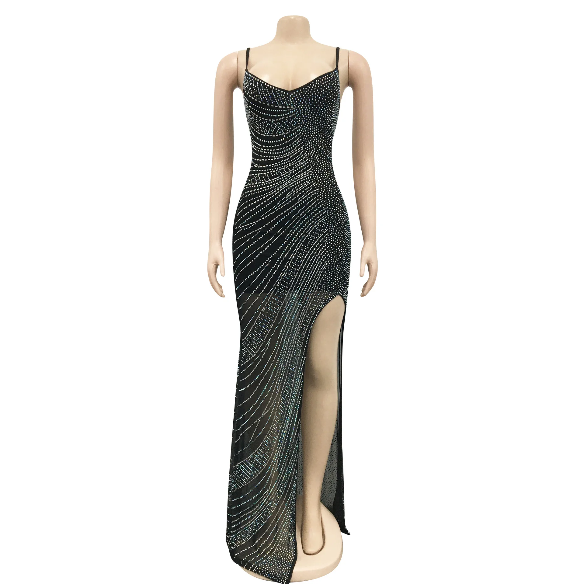 Szkzk Mesh Sheer Rhinestone Bodycon Slit Maxi Dresses See Through Nightclub Party Sexy Backless Diamond Long Dress Women Evening