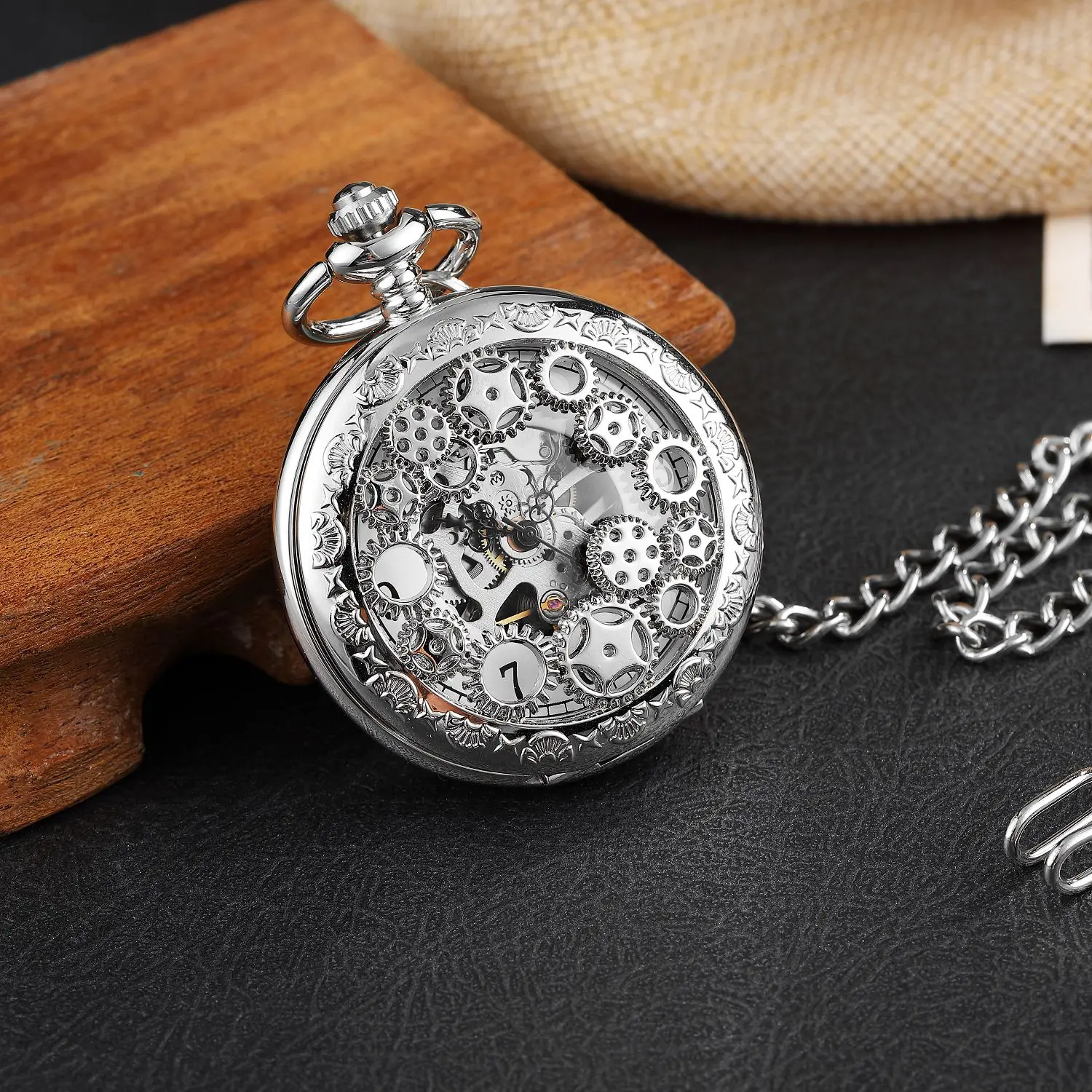 Antique Hollow Gears Silver Mechanical Pocket Watches Men Vintage Steampunk Fob Clock Male Necklace With Chain 2023