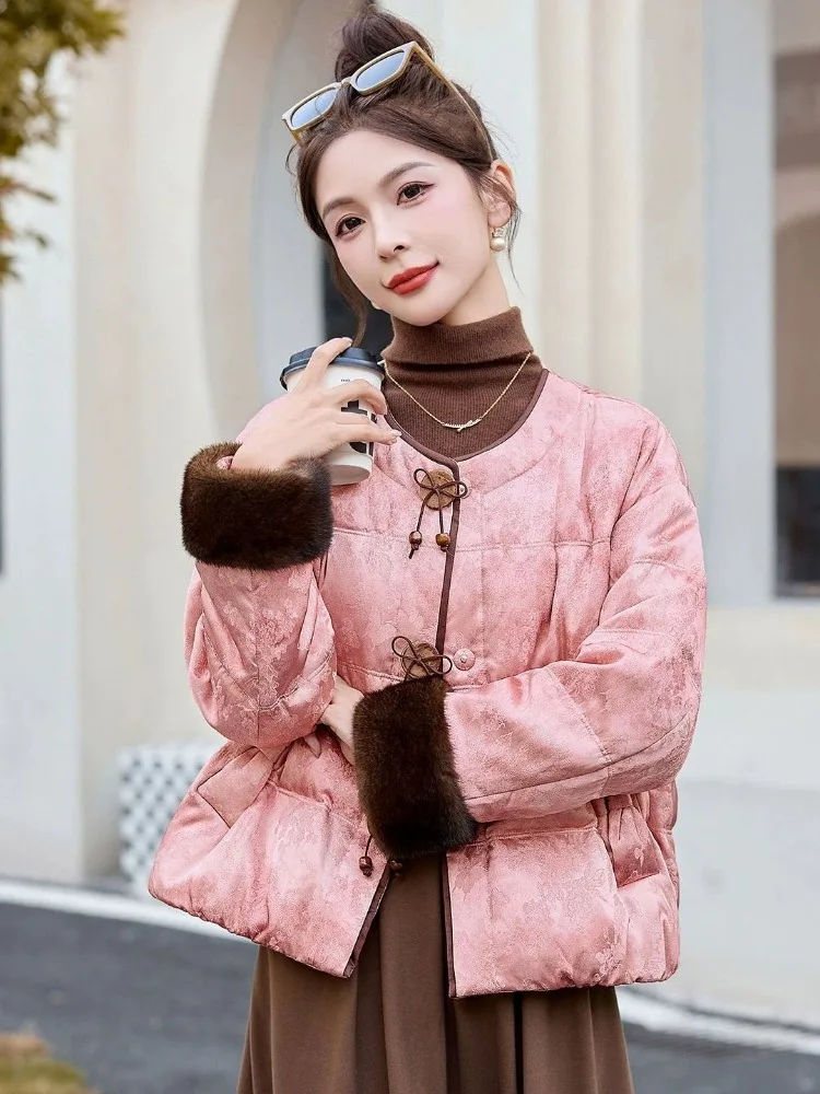 Vintage Printed Down Jacket Warm Winter Women Fur Patchwork White Duck Down Coat Single-breasted Short Top Long-sleeved Clothing