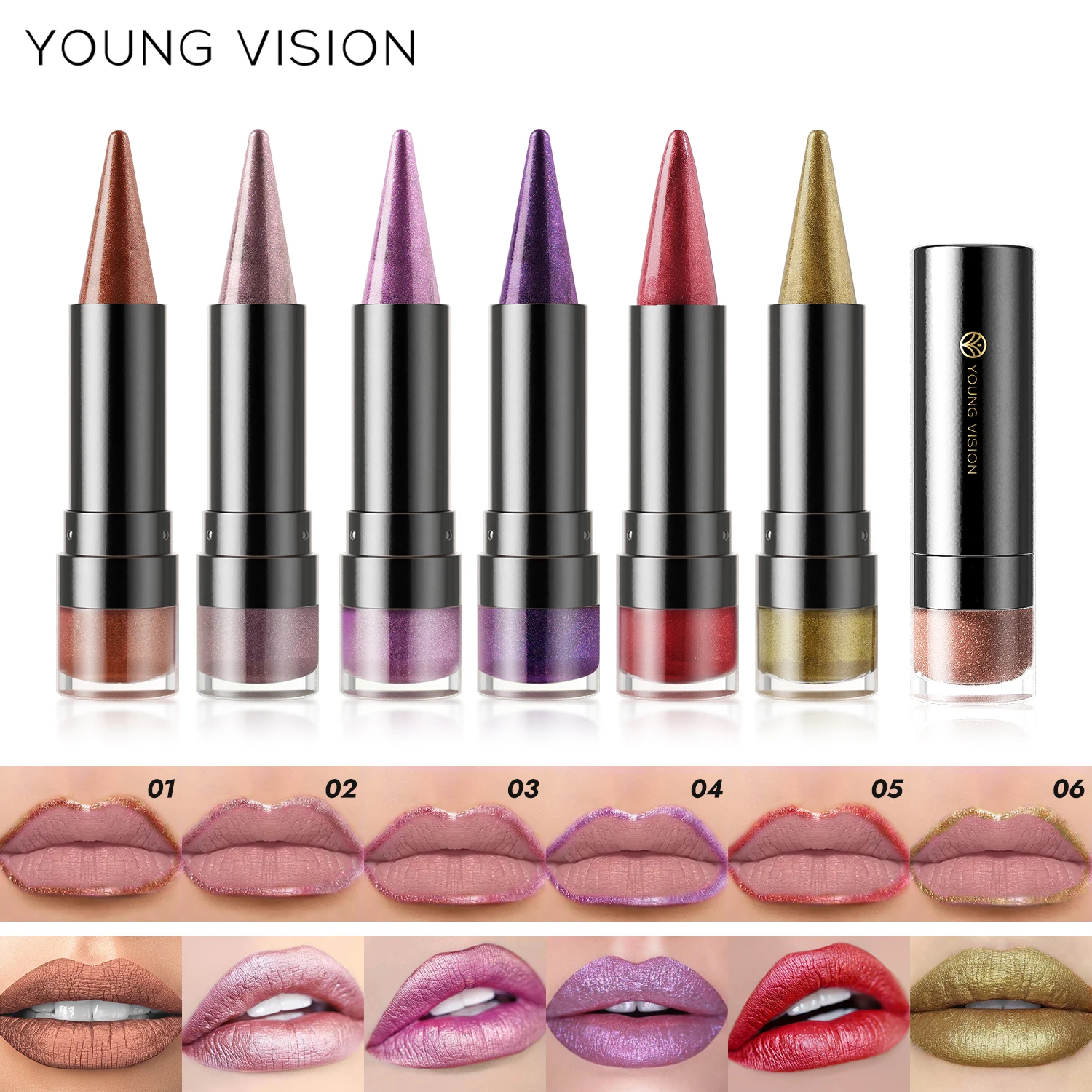 YOUNG VISION 7 colors metallic matte pearl fine glitter diamond lipstick long-lasting easy to color non-stick cup lip gloss