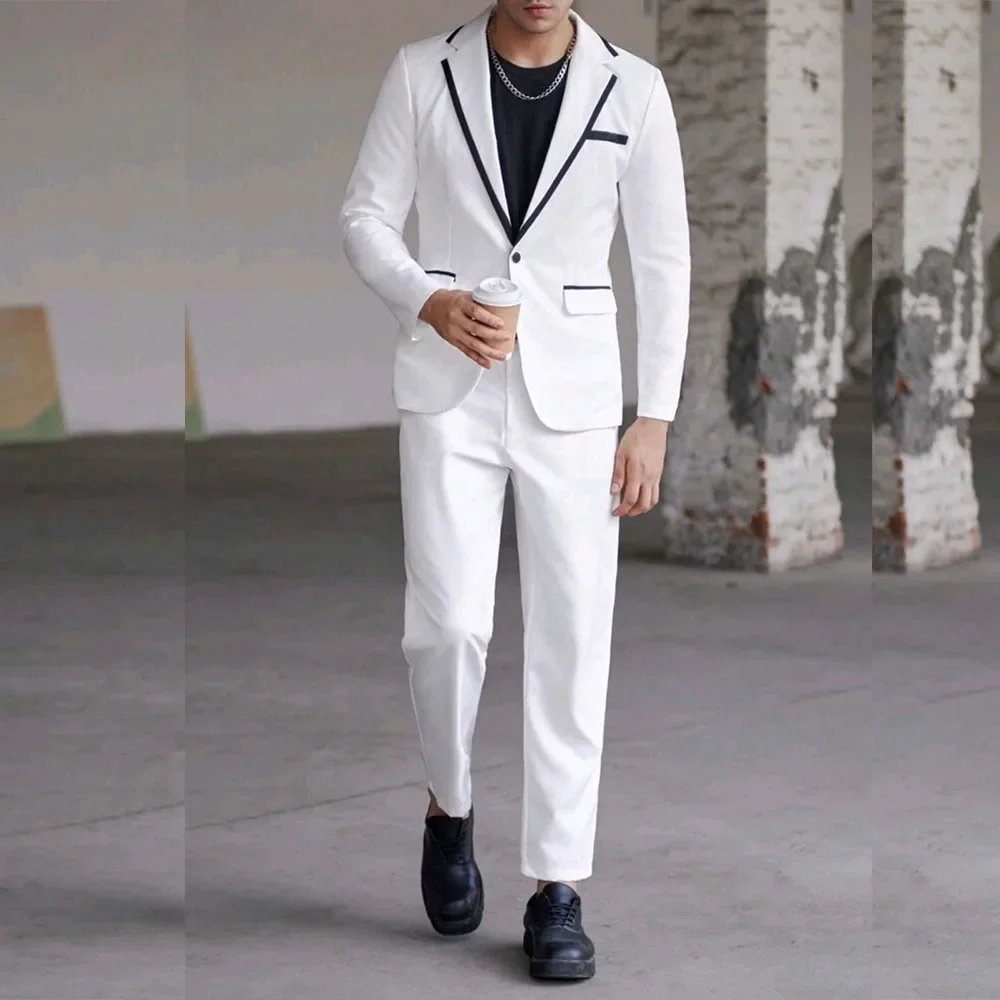 Slim Fit White Suits for Men Elegant Wedding Groom Male Clothing One Button Notch Lapel  2 Piece Jacket Pants Sets