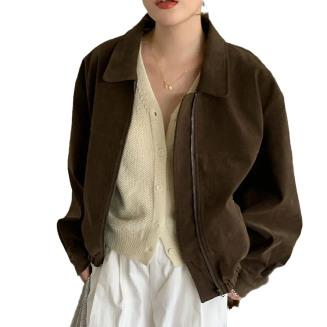 Women's Faux Leather Lapel Zip Up Short Jacket Loose Drop Shoulder Silhouette Trendy Casual Office Street Daily Wear Outerwear