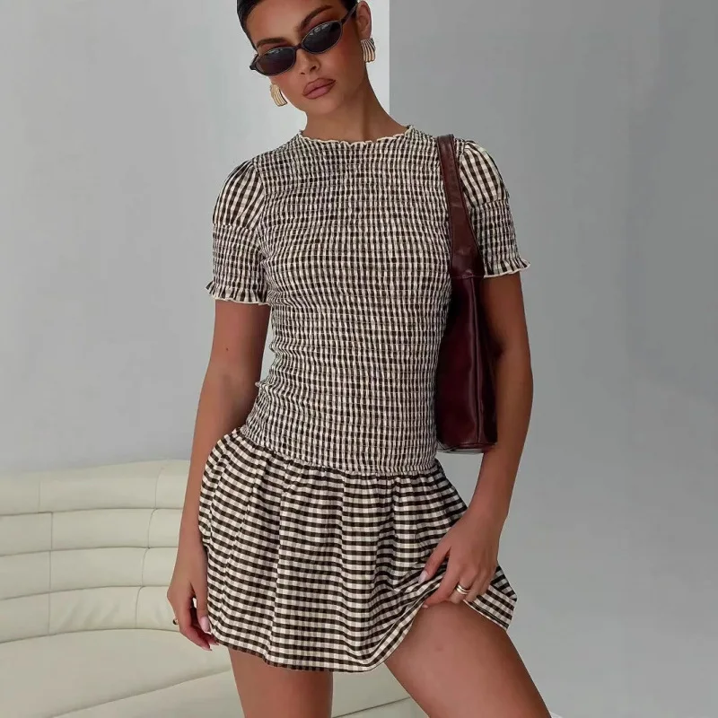 

Retro Waist-Cinching Plaid Stand Collar ort Dr Slimming Women's Summer New Sle A-Line Skirt Casual High Waist ort Sl...