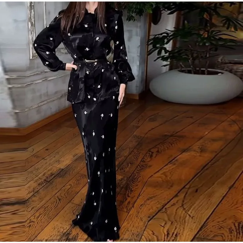 

2025 New Women's Clothing Long Sleeve Skinny Premium Polka Dot Long Sleeve Long Dress Set