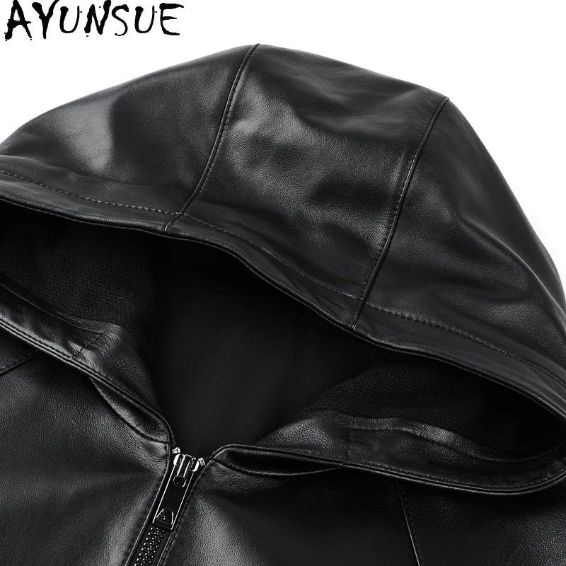 AYUNSUE Real Sheepskin Mens Genuine Leather Jacket Men Hoodie Mens Jacket Spring Autumn Men Clothing New Chamarras Para Hombre