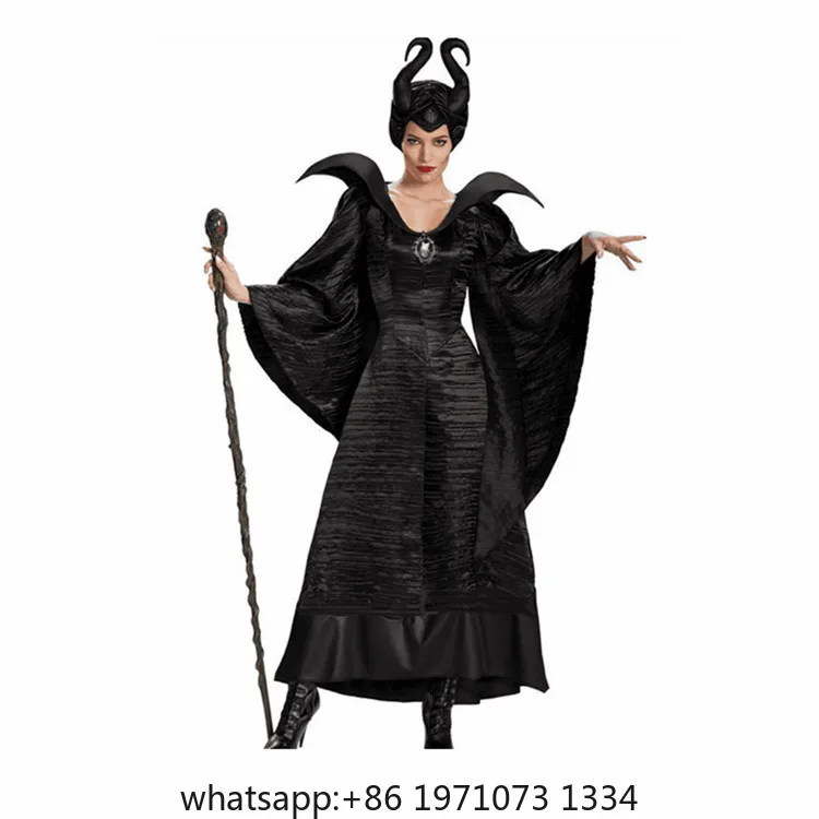 Maleficent Halloween Costume Dress for Adult Witch Clothes with Maleficent Horns Hat Outfit Women Evil Dress Demon Queen