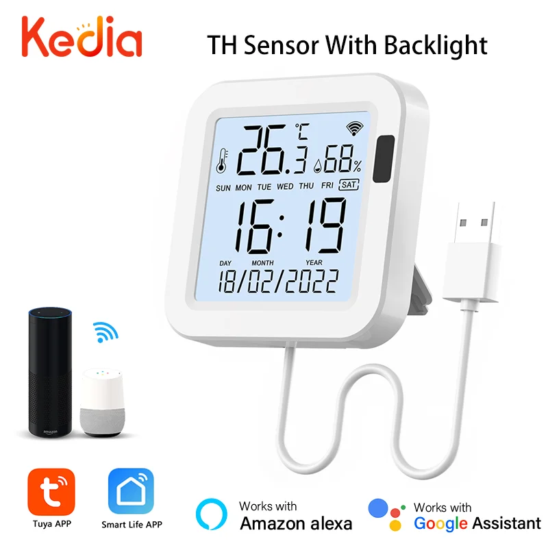 Sensor inteligente de temperatura y humedad con retroiluminación, dispositivo con WiFi, compatible con Alexa y Google Home, Tuya