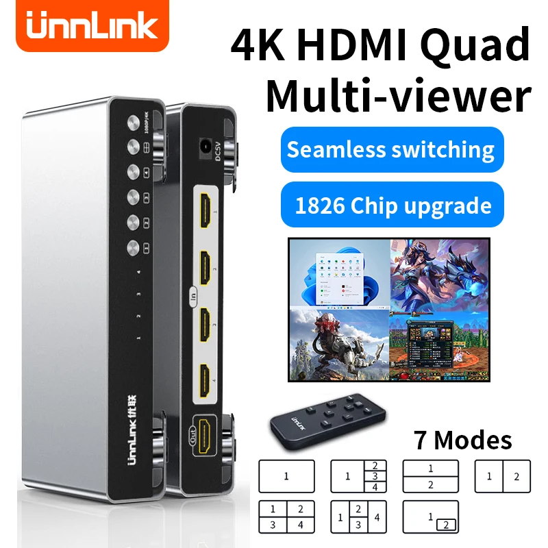 

Unnlink HDMI Quad Screen Multiviewer 4K HDMI Switcher Seamless Switching 4 In 1 Out Cascade for Camera PC to Monitor Multi Modes