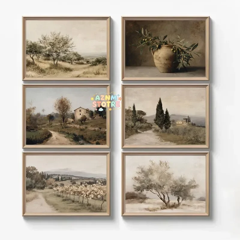 Vintage Rustic Italian Tuscan Scenery Olive Tree Neutral Poster Canvas Painting Wall Art Pictures Home Farmhouse Decor