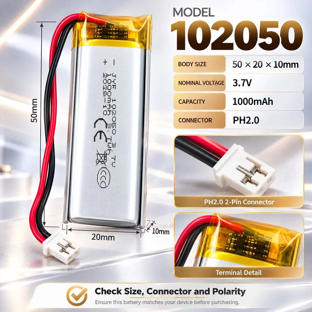 102050 3.7V Polimerowa Litowa Mała Akumulatorowa Bateria 1000mAh Li-Po do Stalowego Głośnika Bluetooth Narzędzie do Ładowania Baterie MP3/4/5 — zdjęcie produktu 3