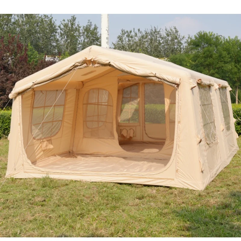17 Square Meters Outdoors Inflatable Tents for Camping with Stove Jack Luxury Canvas Blow up Tent 2 Room  Easy Setup Large House