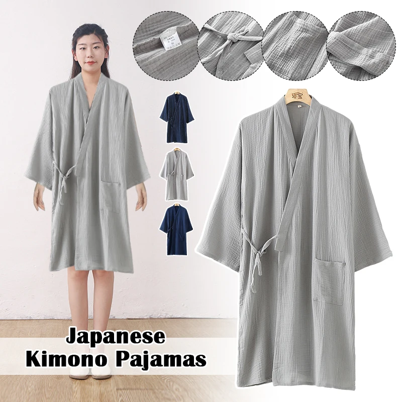 Japanese Traditional Samurai Kimono Pure Cotton Night-Robe Men Yukata Bathing Robe Loose Style Sauna Wear Homewear  Long Gown