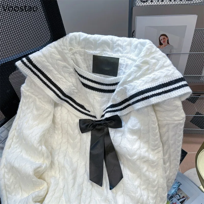 Autumn Winter Preppy Style Knitted Pullover Coat Women Sweet Sailor Collar Bow JK Sweaters Vintage Y2k Warm Jumper Knitwear Tops