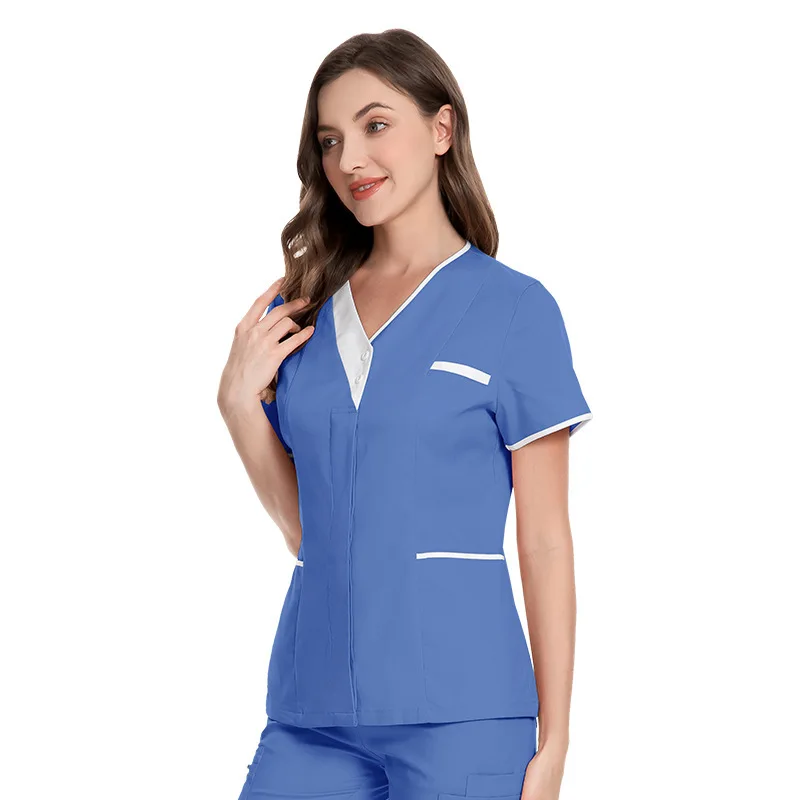 Hospital Surgical Short Sleeved Doctor And Nurse Uniform Cotton V-Neck Technician Female Clinic Beauty Salon Top