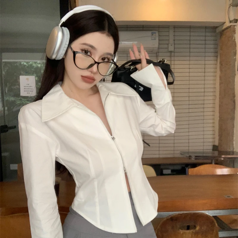 Y2k Zippers Women Shirts Korean Sweet White Slim Long Sleeve Female Blouse Autumn New Chic Office All Match Ladies Crop Tops