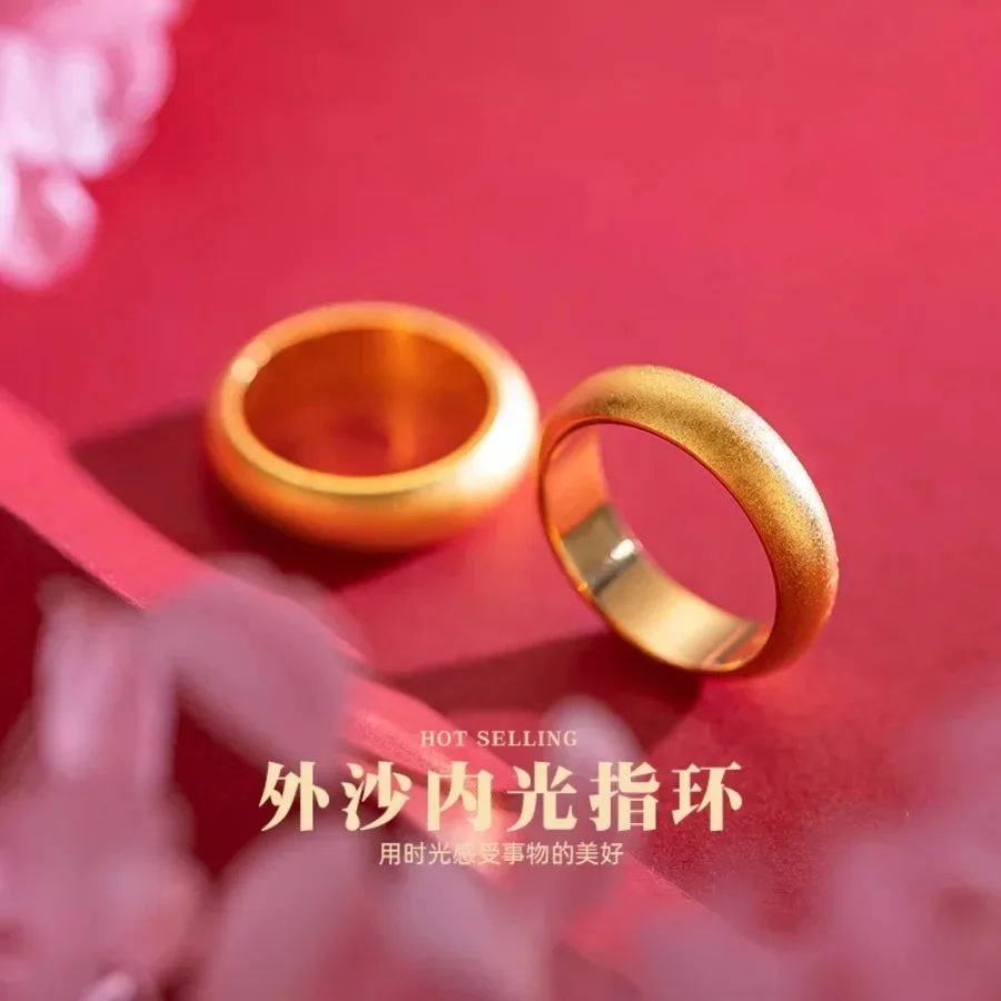 Fylia Jewelry   Luxury  9999 24K Real Gold Ring Sand Gold Outer Sand Inner Light Inheritance Ring for Men and Women Couples Sand