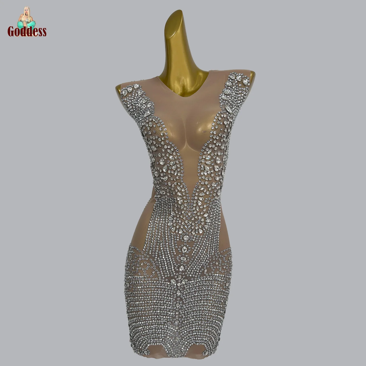 Sparkly Rhinestone Dress for Elegant Woman Bright Sexy Evening Gown Lady Club Stage Performance Party Queen Sheer Mesh Dress