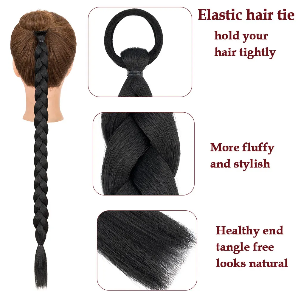 Benehair 24inch Long Braid Ponytail Extension with Elastic Tie Braid Hair Natural Soft Synthetic Hairpieces for Women Daily Wear